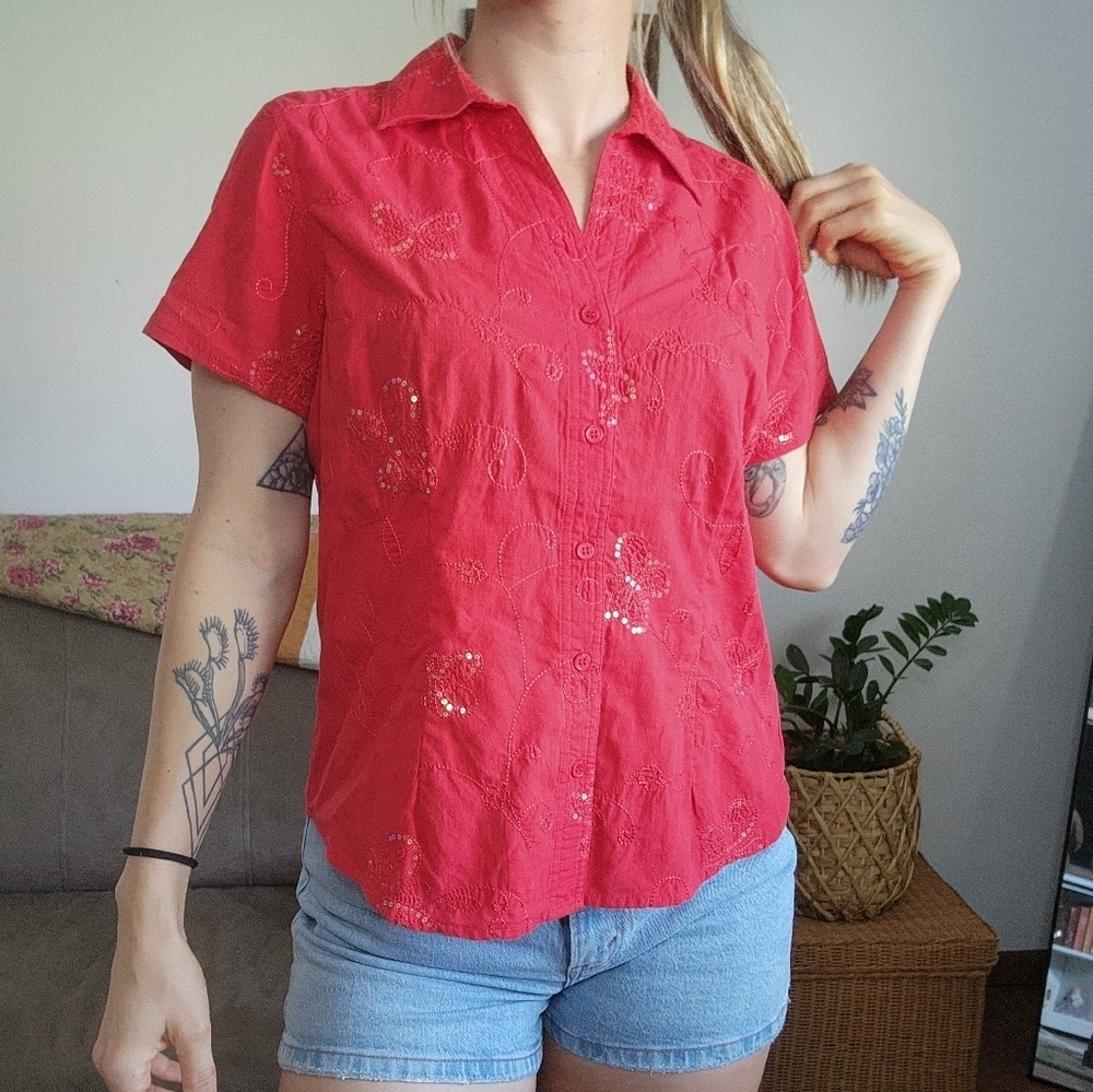 Y2k Sequin Butterfly Button Down Top Size Large